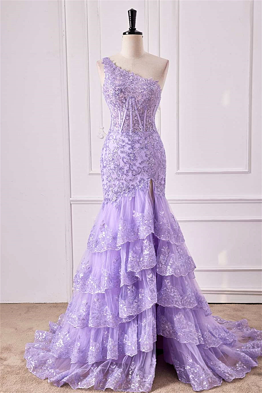 Lavender One Shoulder Sequined Mermaid Layers Gemmanovae Long Prom Dress with Slit