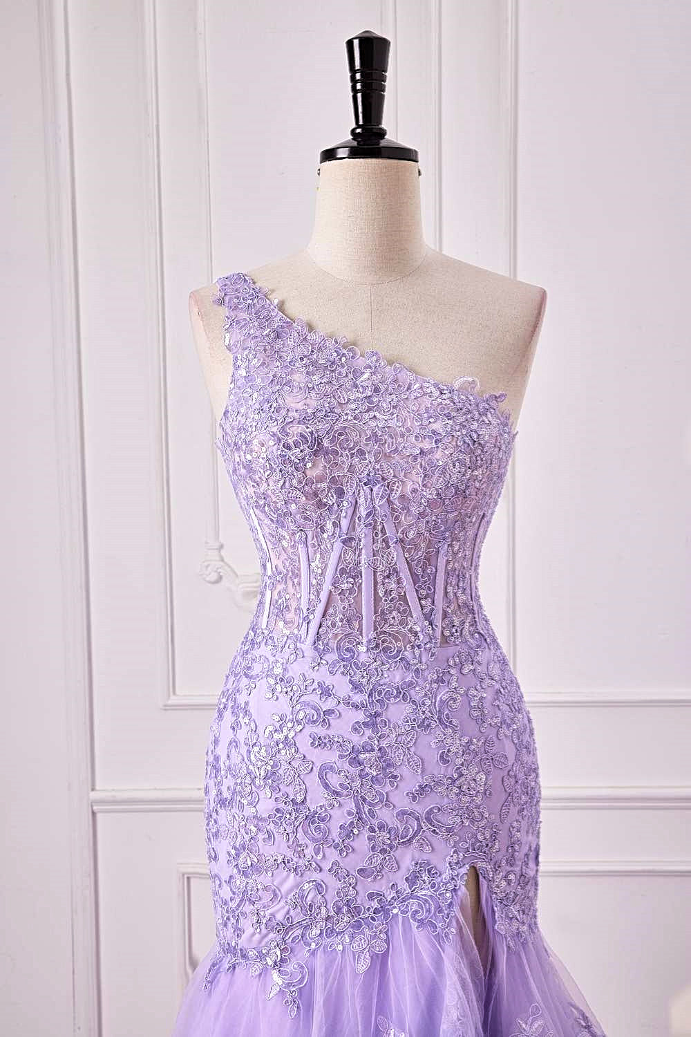 Lavender One Shoulder Sequined Mermaid Layers Gemmanovae Long Prom Dress with Slit