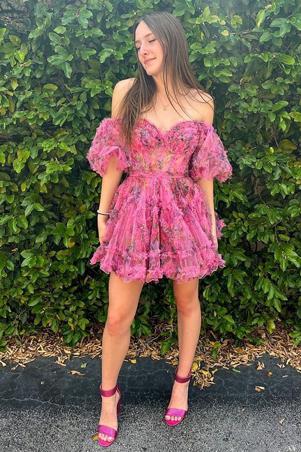 Cute A Line Off the Shoulder Pink Printed Short Homecoming Dress