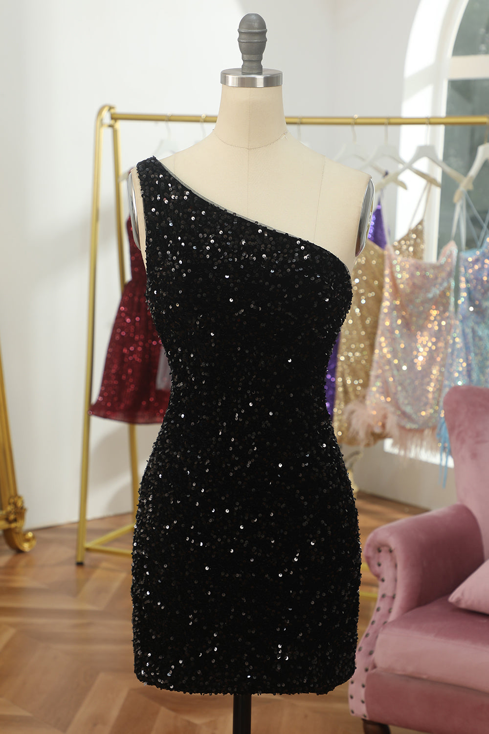 Tight Black Sequins One Shoulder Homecoming Dress