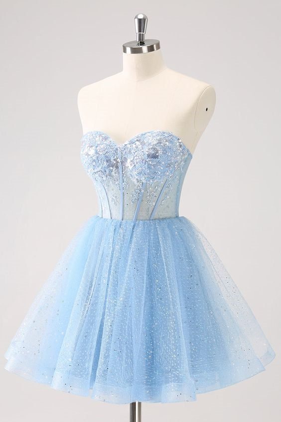 Blue Sequins A Line Sweetheart Corset Short Cocktail Homecoming Dress