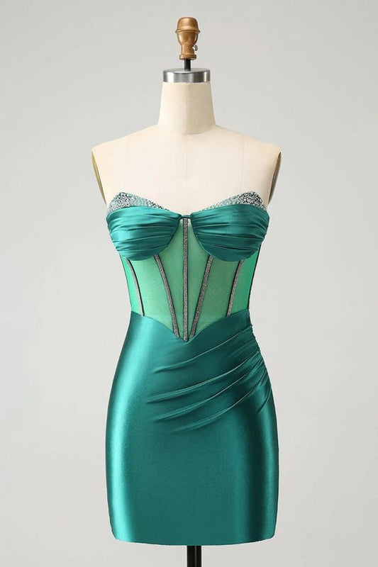 Gemmanovae Glitter Dark Green Strapless Corset Tight Homecoming Dress with Beading