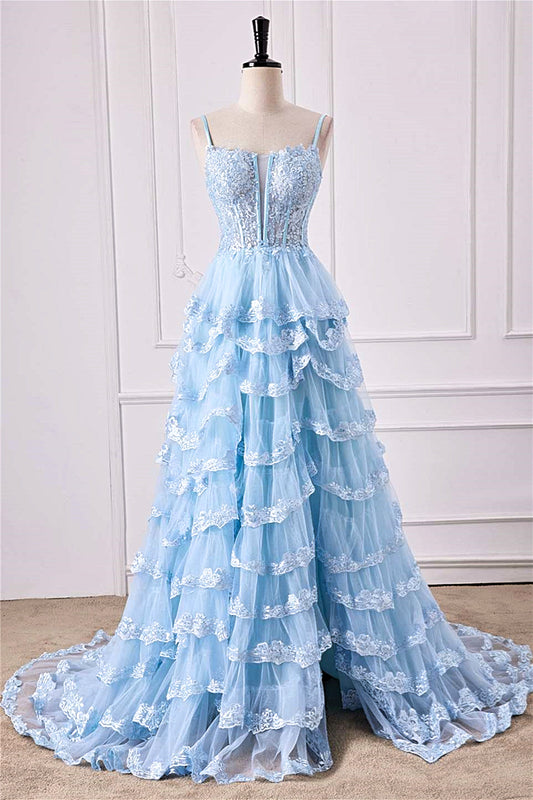 Light Blue Floral Layers Spaghetti Straps Gemmanovae Long Prom Dress with Slit