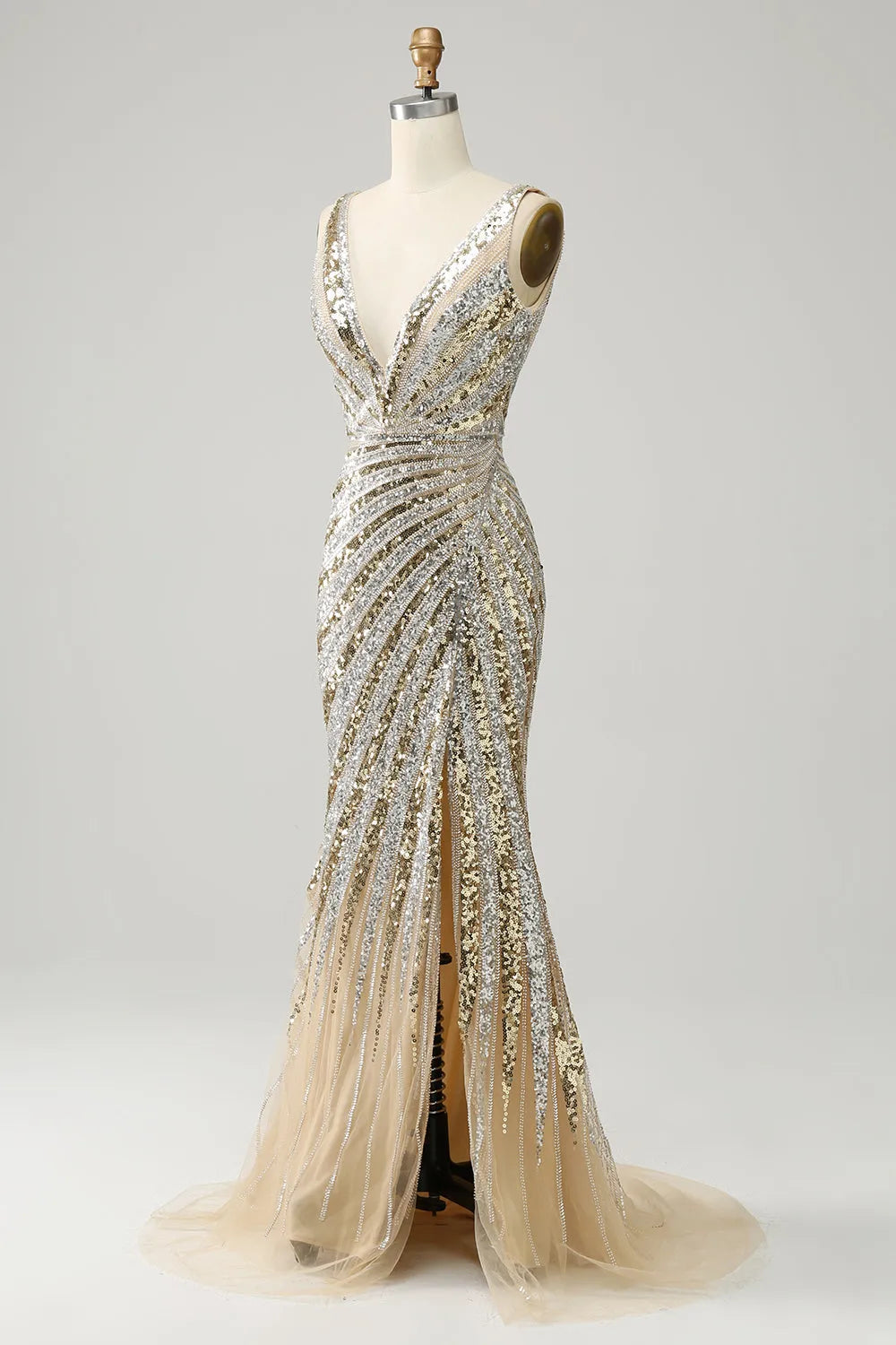 Sparkly Golden V-Neck Sequins Long Prom Dress