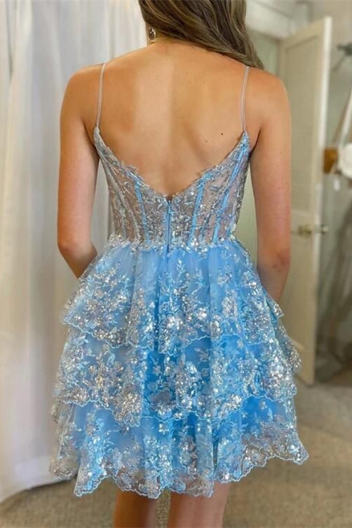 Light Blue Sequin Lace Corset A-Line Tiered Gemmanovae Homecoming Dress