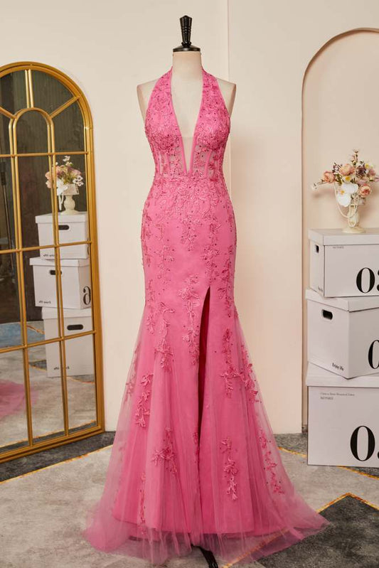 Pink Appliques Mermaid Plunging V Halter Gemmanovae  Long Prom Dress with Slit