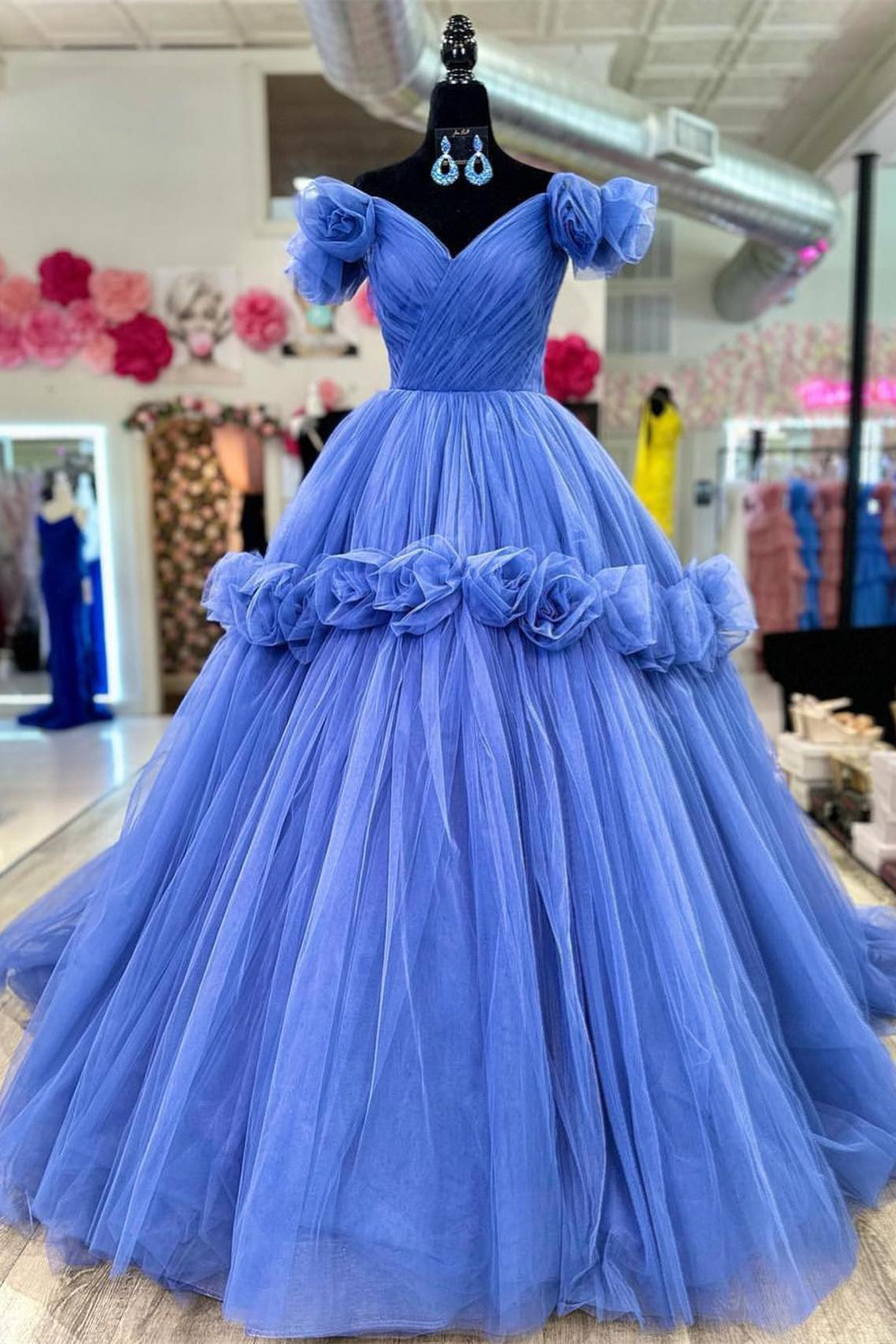 Blue Flowers Off-Shoulder A-line Tulle Long Prom Dress