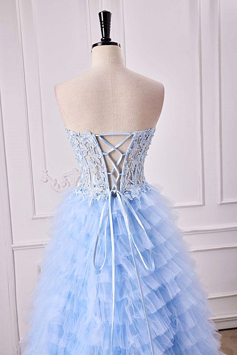 Light Blue Strapless Floral Layers A-line Gemmanovae Long Prom Dress with Slit