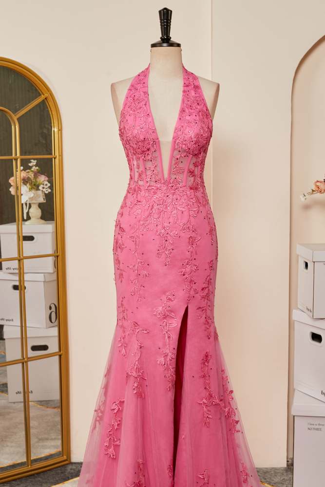 Pink Appliques Mermaid Plunging V Halter Gemmanovae  Long Prom Dress with Slit