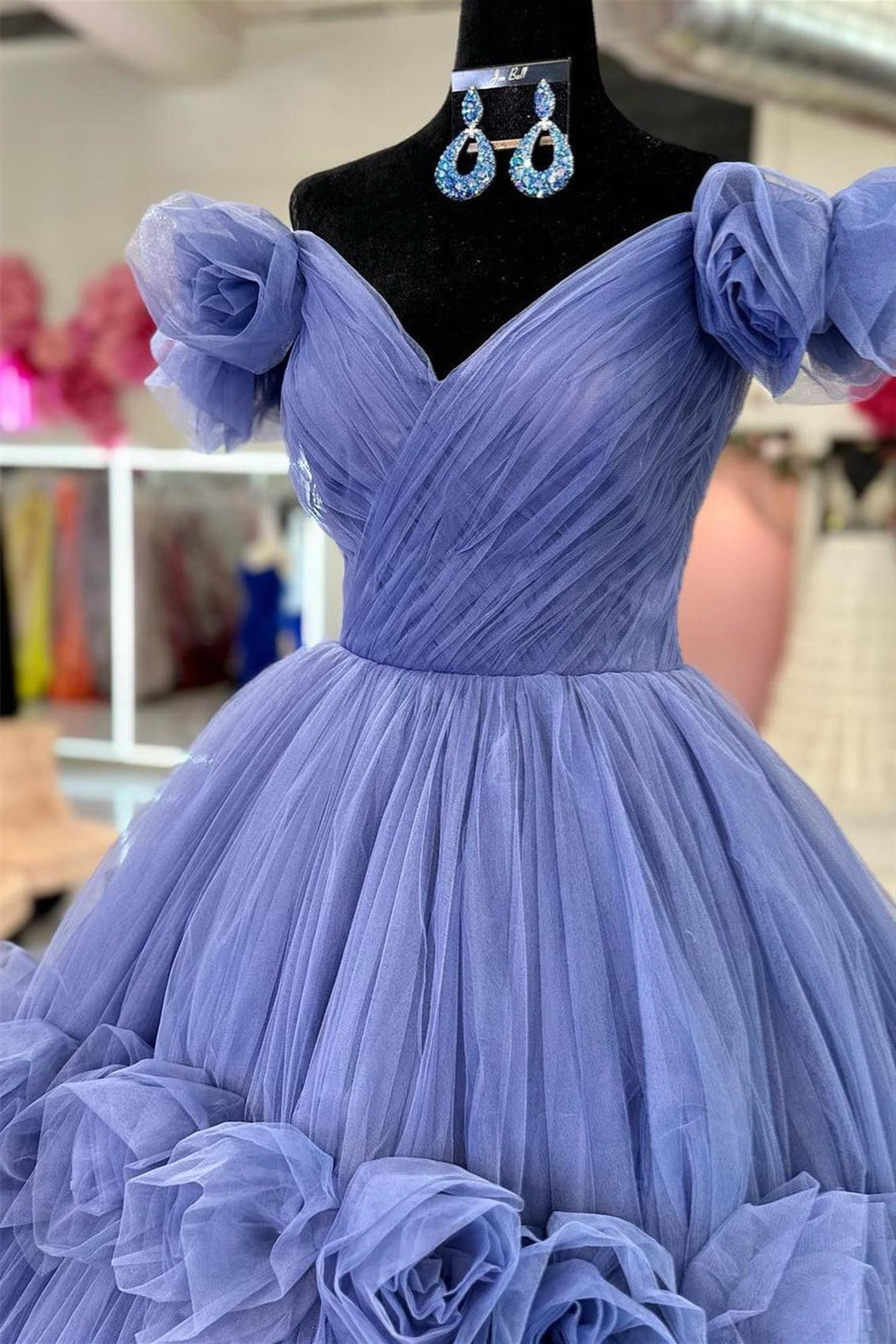 Blue Flowers Off-Shoulder A-line Tulle Long Prom Dress