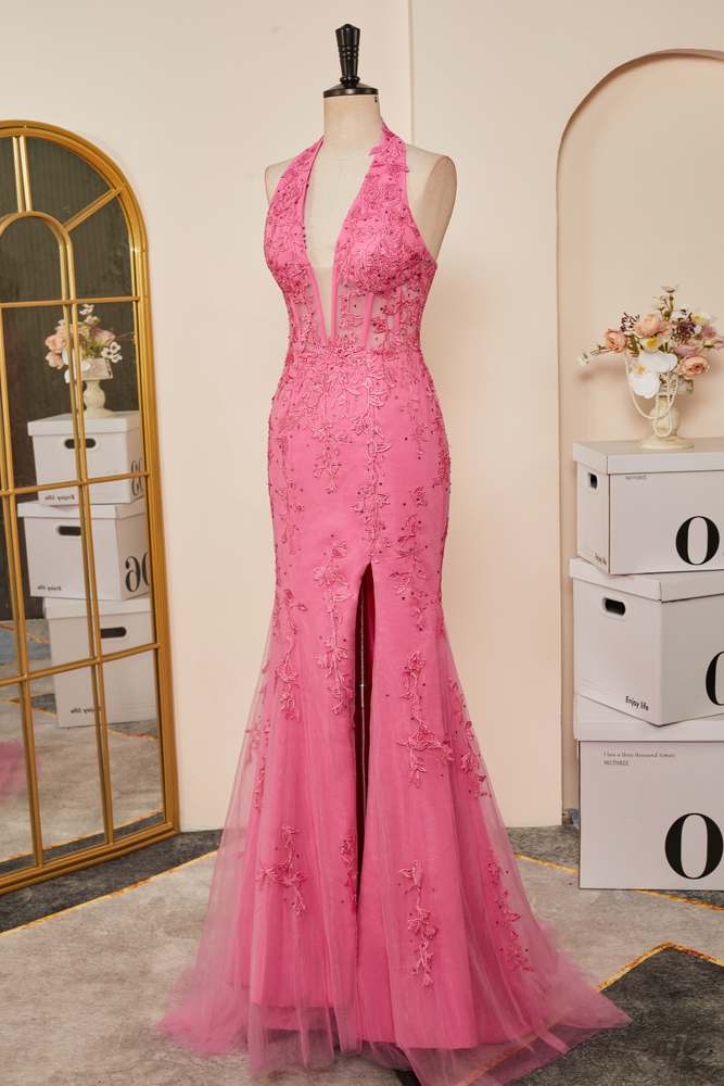 Pink Appliques Mermaid Plunging V Halter Gemmanovae  Long Prom Dress with Slit