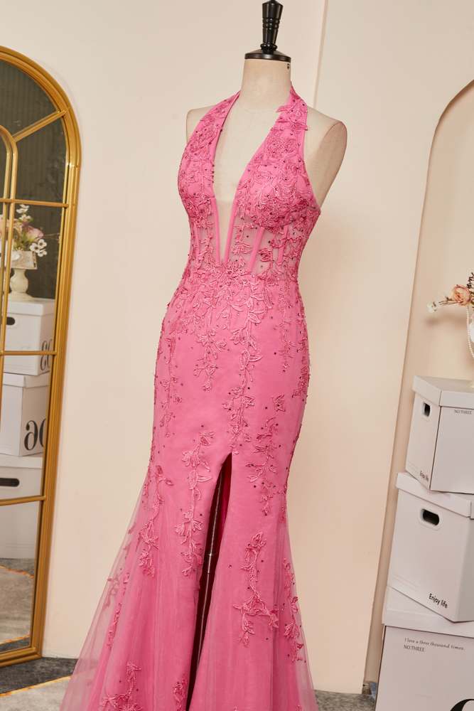 Pink Appliques Mermaid Plunging V Halter Gemmanovae  Long Prom Dress with Slit