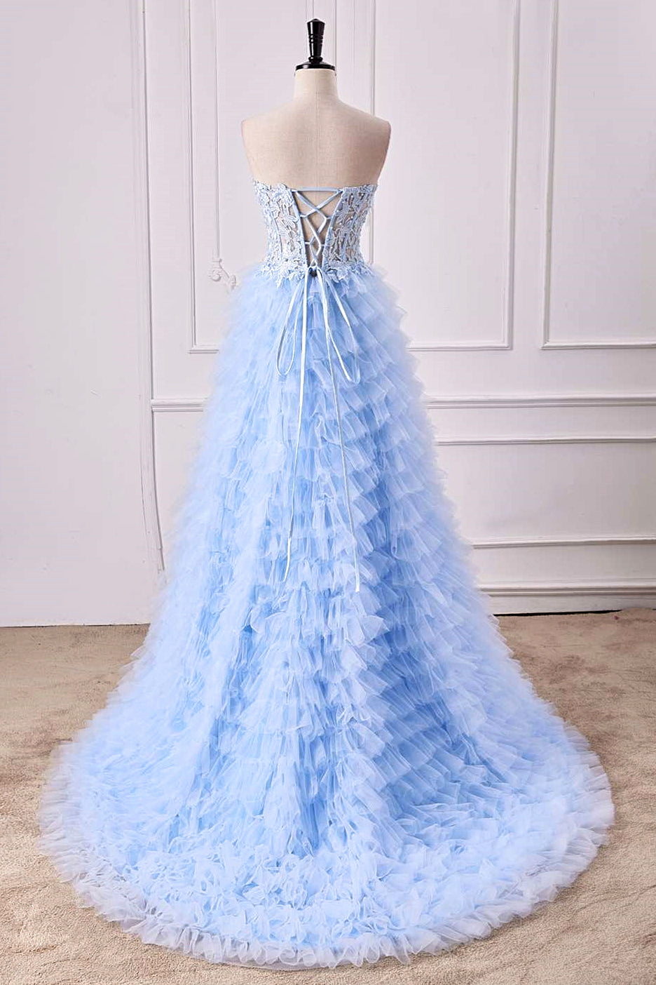 Light Blue Strapless Floral Layers A-line Gemmanovae Long Prom Dress with Slit