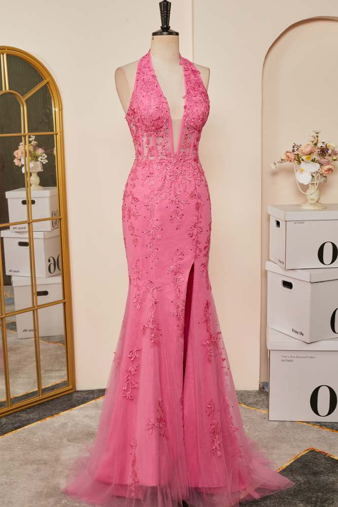 Pink Appliques Mermaid Plunging V Halter Gemmanovae  Long Prom Dress with Slit