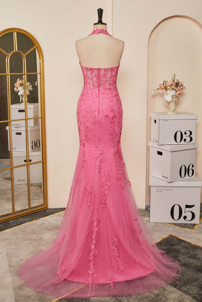 Pink Appliques Mermaid Plunging V Halter Gemmanovae  Long Prom Dress with Slit