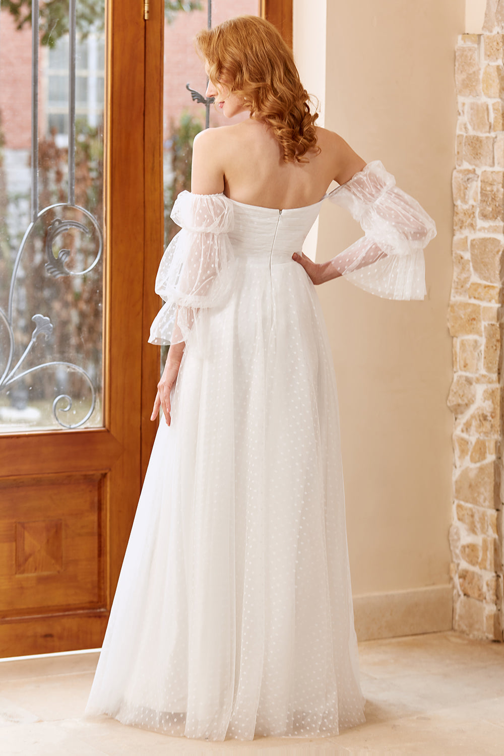 White Tulle Off Shoulder Wedding Dress