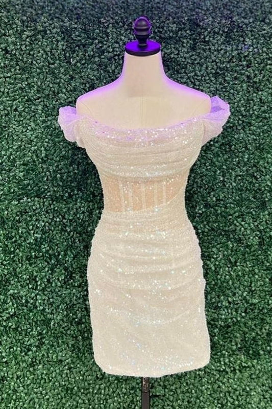 Gemmanovae Ivory Off-the-Shoulder Sheath Sequins Homecoming Dress