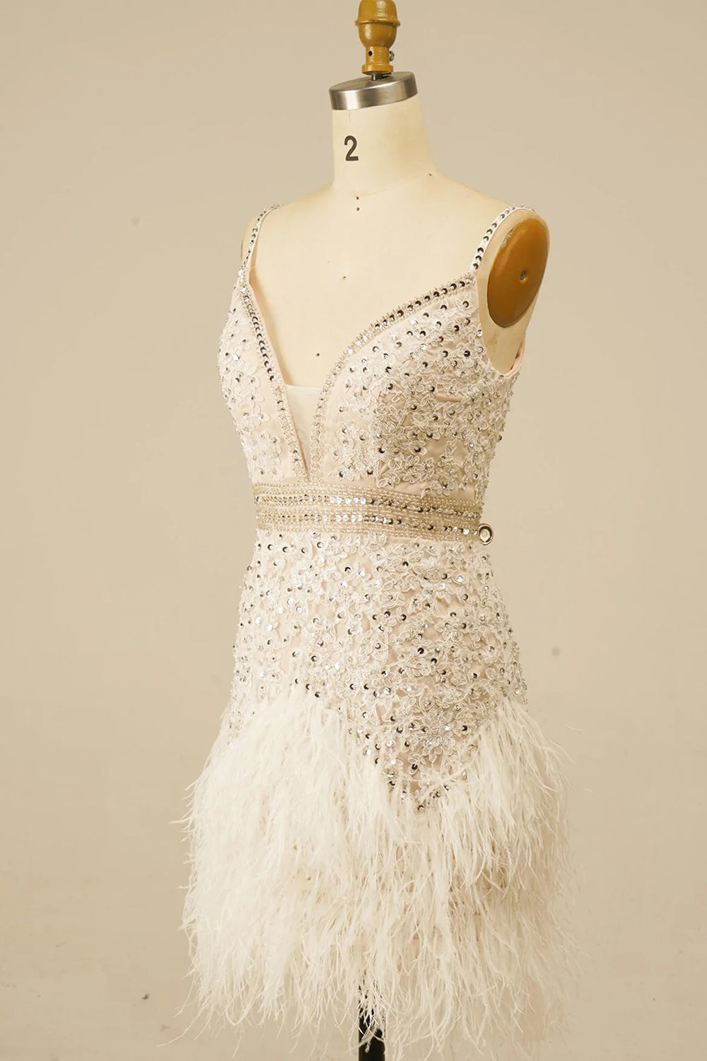 White Spaghetti Straps Sequins Short Homecoming Dress with Feather