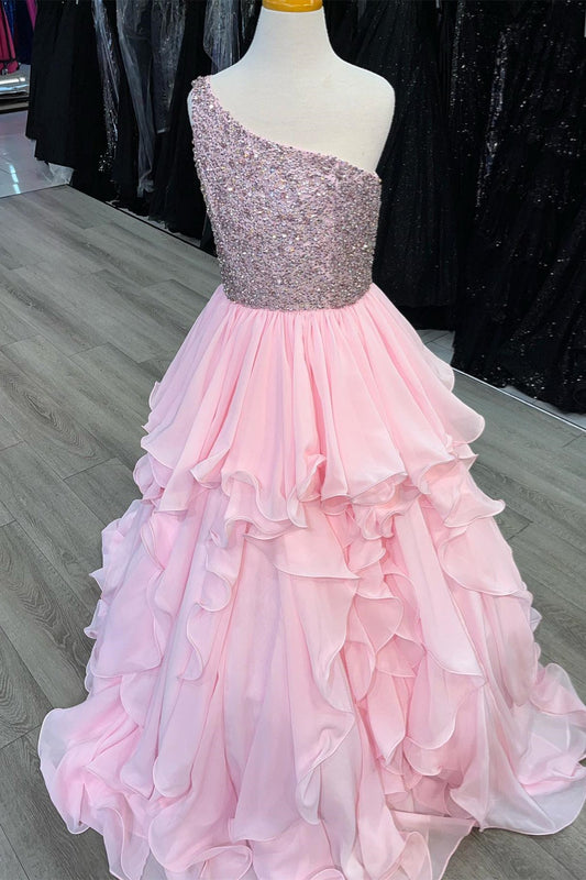 Pink One Shoulder Layers Beaded Straps Gemmanovae  Long Prom Dress