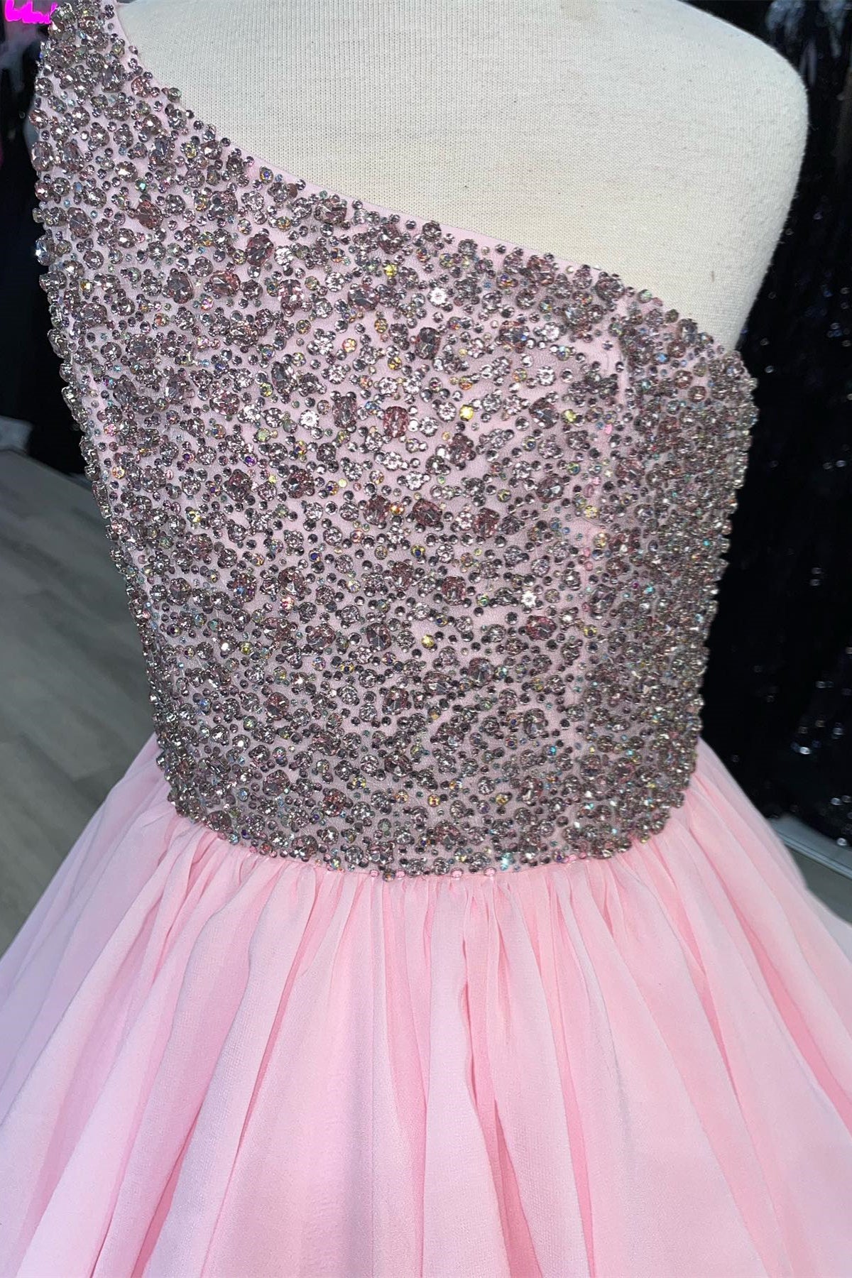 Pink One Shoulder Layers Beaded Straps Gemmanovae  Long Prom Dress