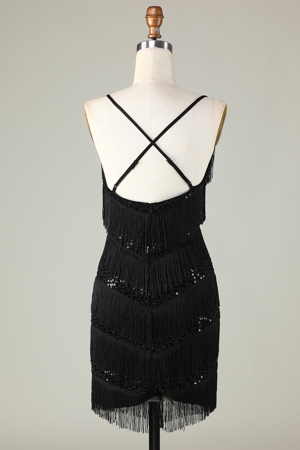 Sheath Spaghetti Straps Black Sequins Short Homecoming Dress with Tassel