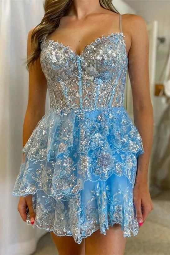 Light Blue Sequin Lace Corset A-Line Tiered Gemmanovae Homecoming Dress