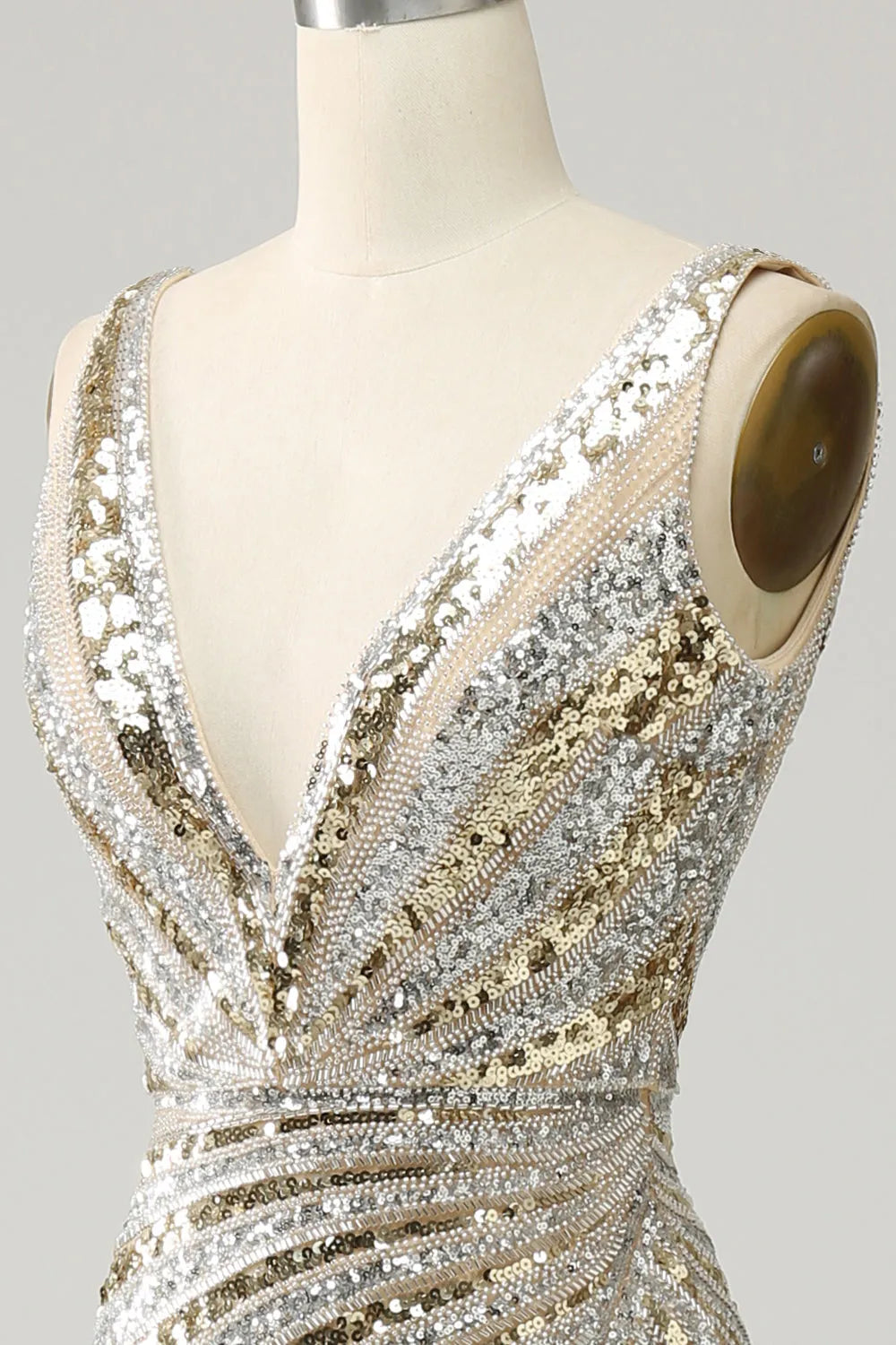 Sparkly Golden V-Neck Sequins Long Prom Dress