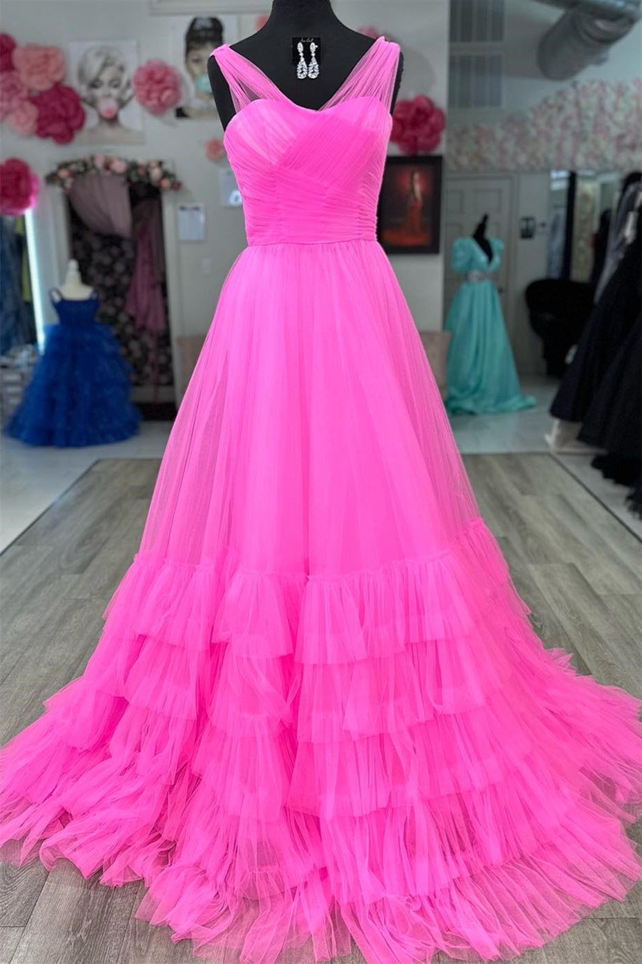 Gemmanovae Hot Pink Illusion Neck A-line Layers Tulle Long Prom Dress