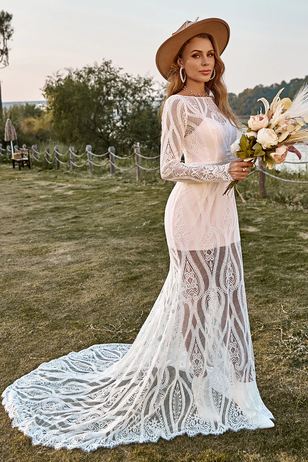 Ivory Mermaid Long Sleeves Lace Boho Wedding Dress With Sweep Train