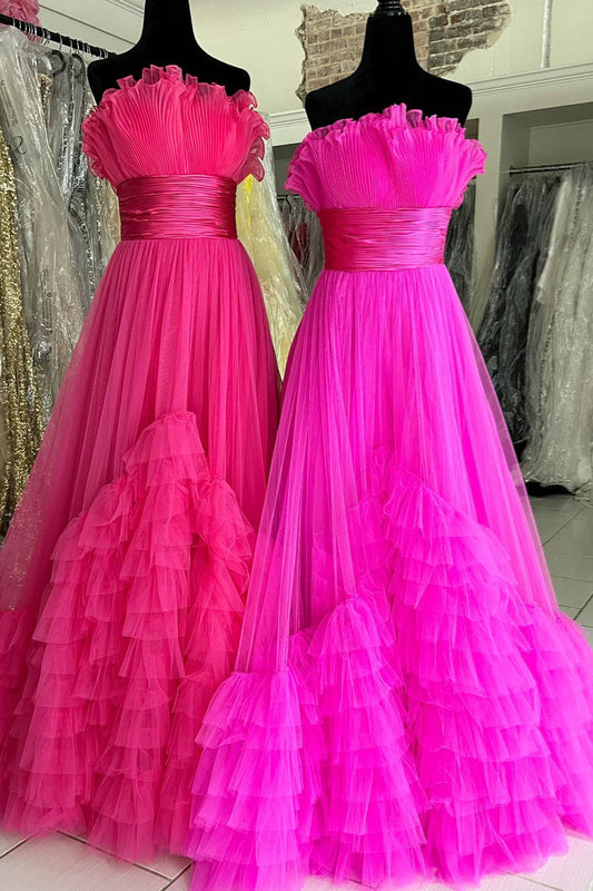 Hot Pink Ruffled Strapless Layers Gemmanovae Long Prom Dress