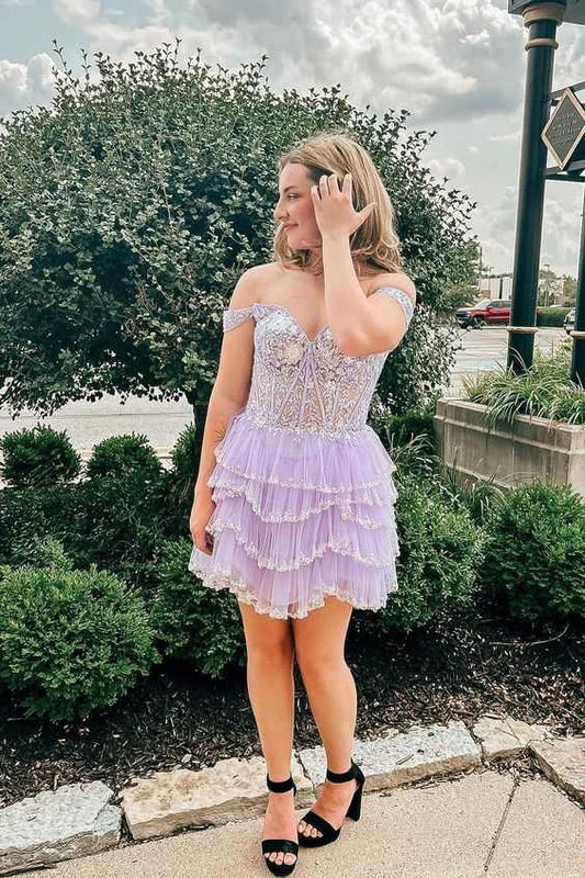 Off the Shoulder Lavender Sequin Ruffle Gemmanovae Short Homecoming Dress