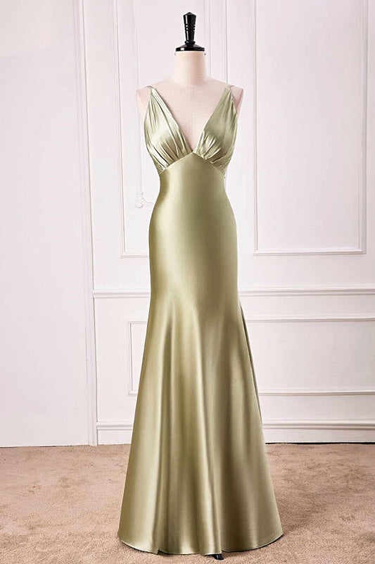 Gemmanovae Dusty Sage Mermaid V Neck Satin Long Prom Dress