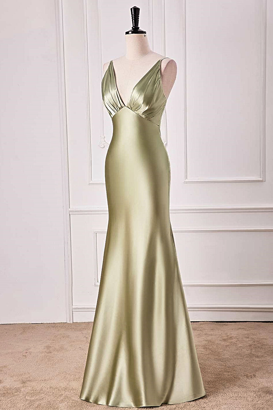 Gemmanovae Dusty Sage Mermaid V Neck Satin Long Prom Dress