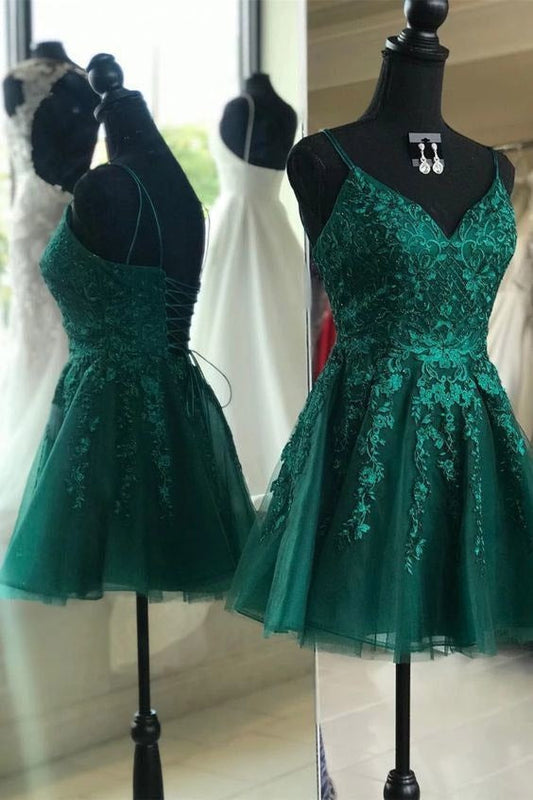 Gemmanovae Emerald Green Homecoming Dress A-line V-neck Backless Short Prom Dress