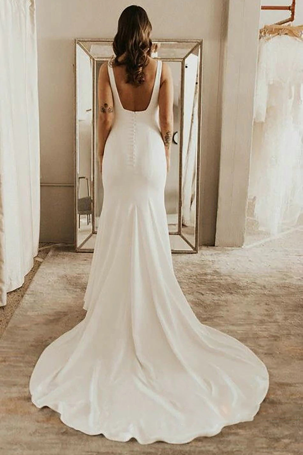 Mermaid Square Neck White Wedding Dress with Sweep Train