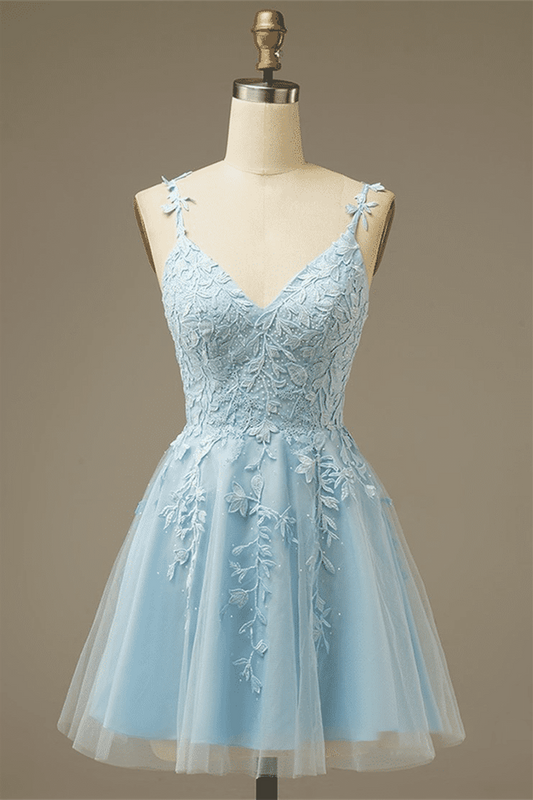 Light Blue A-line V Neck Appliques Tulle Mini Gemmanovae Homecoming Dress