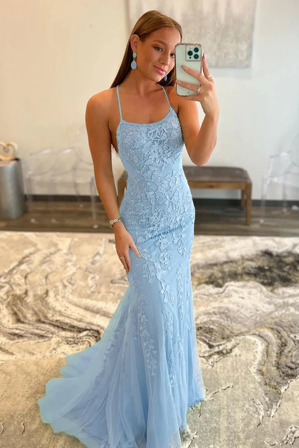 Mermaid Blue Long Prom Dress Backless Evening Dress