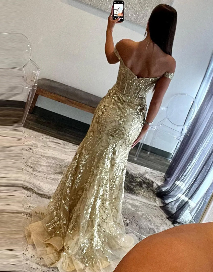 Golden Sparkly Off The Shoulder Mermaid Long Prom Dress with Slit