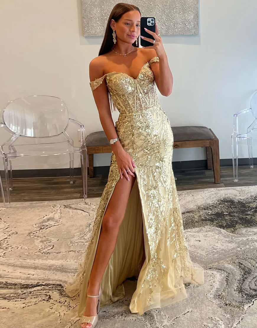 Golden Sparkly Off The Shoulder Mermaid Long Prom Dress with Slit