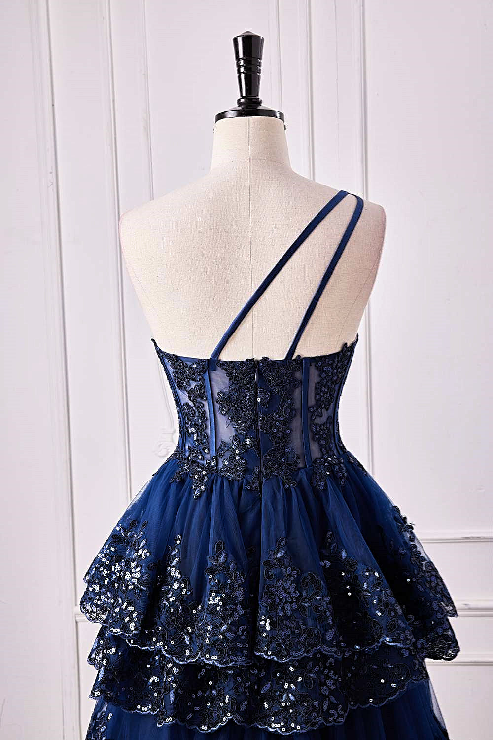 Dark Navy One Shoulder Layers Floral Long Prom Dress with Slit