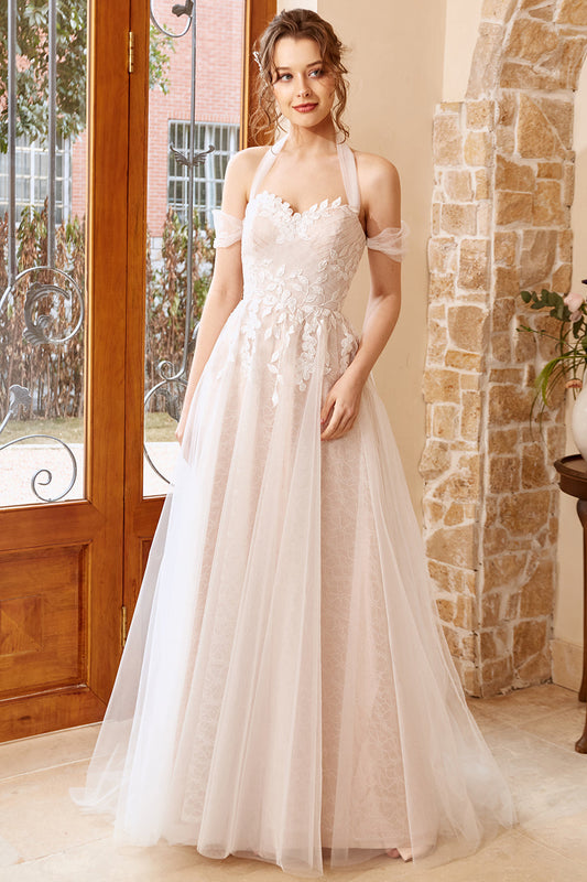 Appliques Tulle Halter Wedding Dress