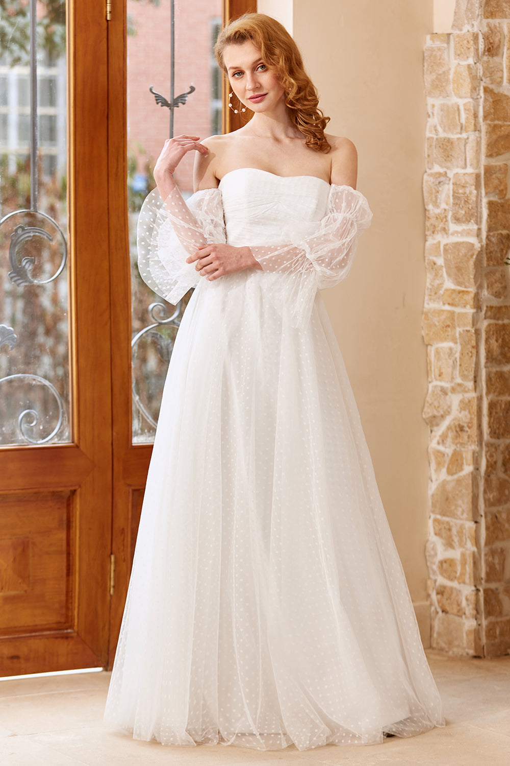 White Tulle Off Shoulder Wedding Dress