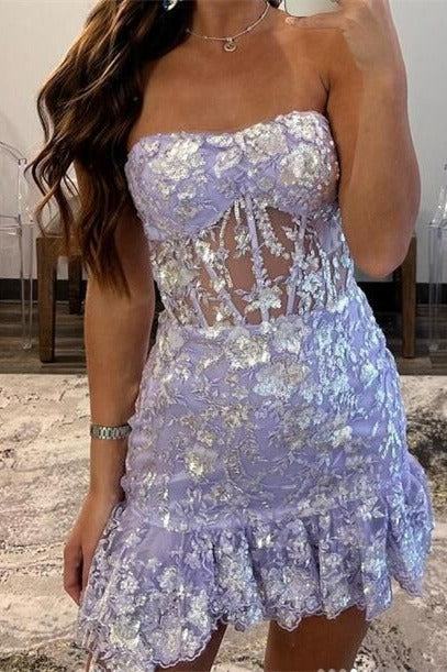 Strapless Sparkly Lace Gemmanovae Homecoming Dress with Sheer Corset Bodice