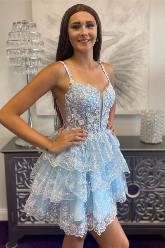 Straps Tulle Sequin A-Line Gemmanovae Homecoming dress with Ruffle Skirt