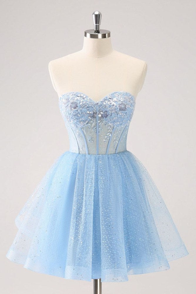 Blue Sequins A Line Sweetheart Corset Short Cocktail Homecoming Dress