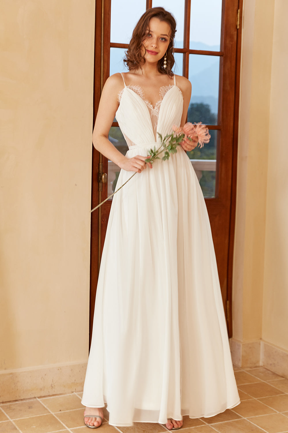 White Spaghetti Straps Simple Wedding Dress