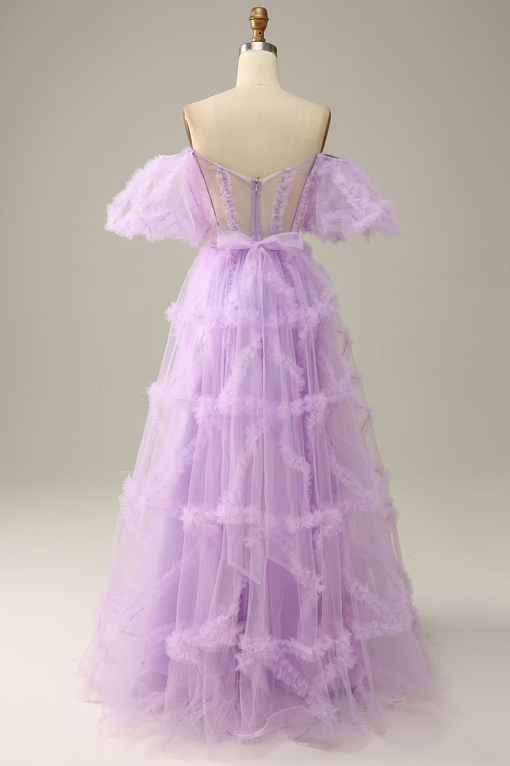 Lavender Off-the-Shoulder Puff Sleeves Ruffles A-line Gemmanovae Long Prom Dress