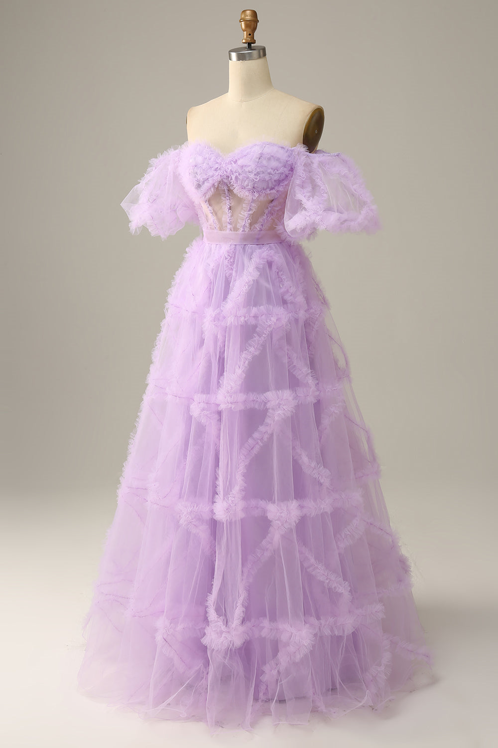 Lavender Off-the-Shoulder Puff Sleeves Ruffles A-line Gemmanovae Long Prom Dress