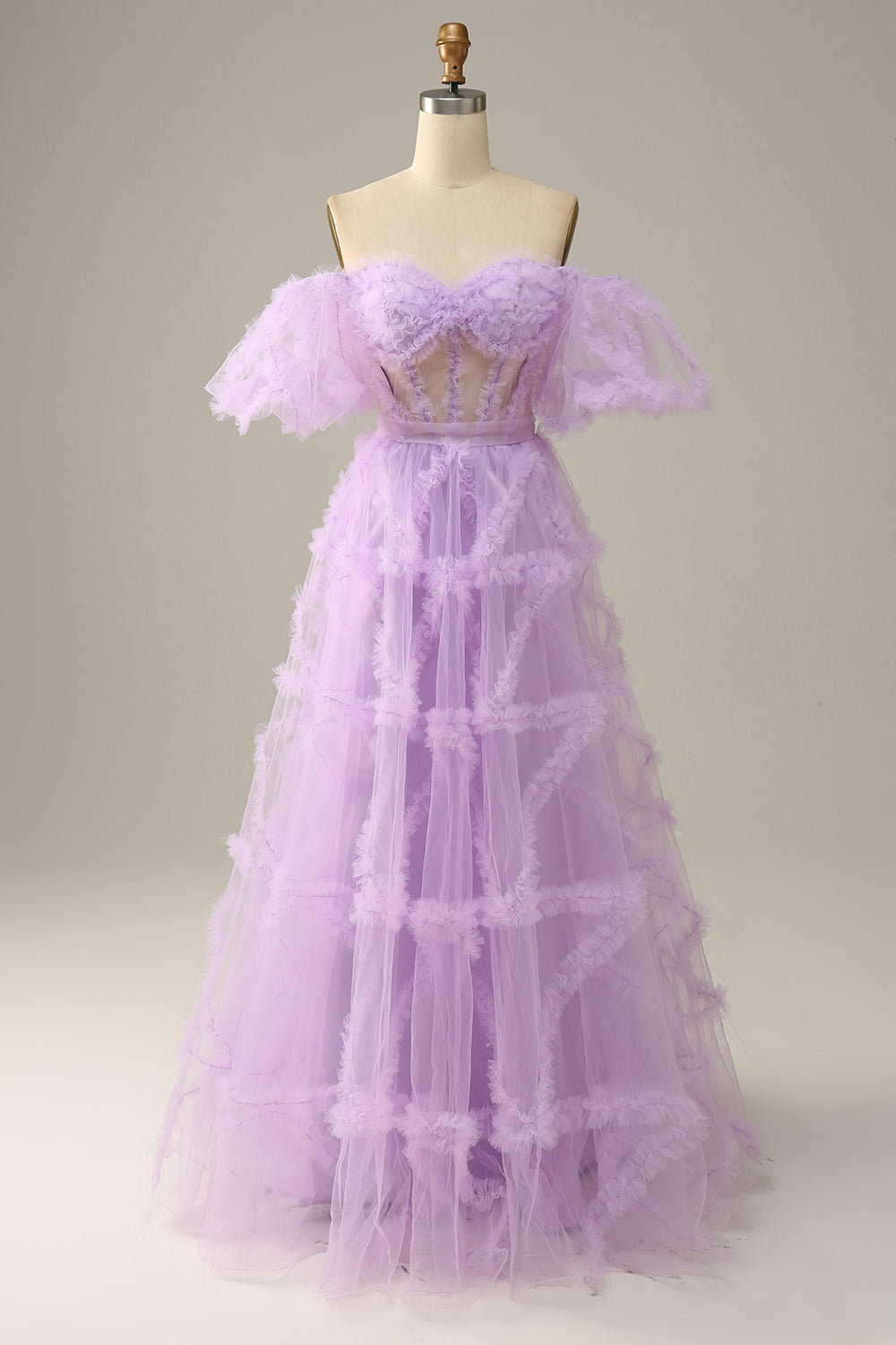 Lavender Off-the-Shoulder Puff Sleeves Ruffles A-line Gemmanovae Long Prom Dress