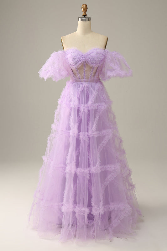 Lavender Off-the-Shoulder Puff Sleeves Ruffles A-line Gemmanovae Long Prom Dress